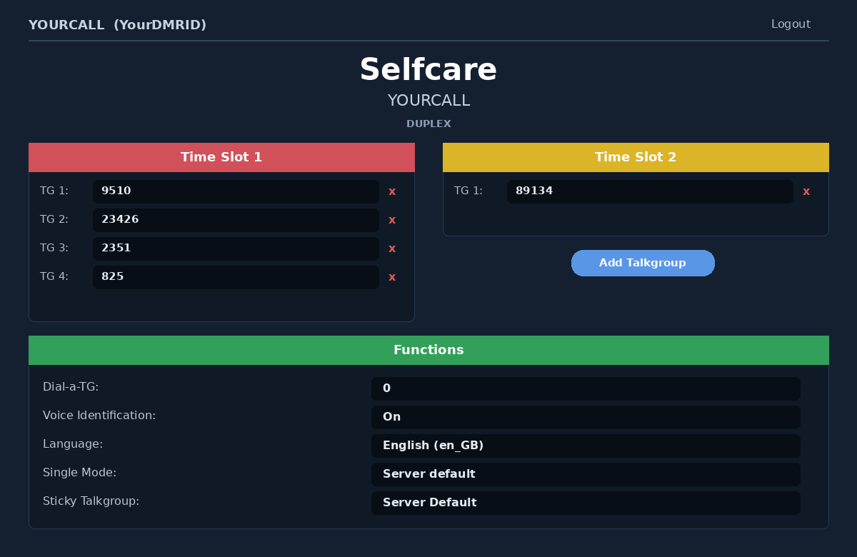 Selfcare: Time Slot 1, Time Slot 2, Add Talkgroup, Functions
